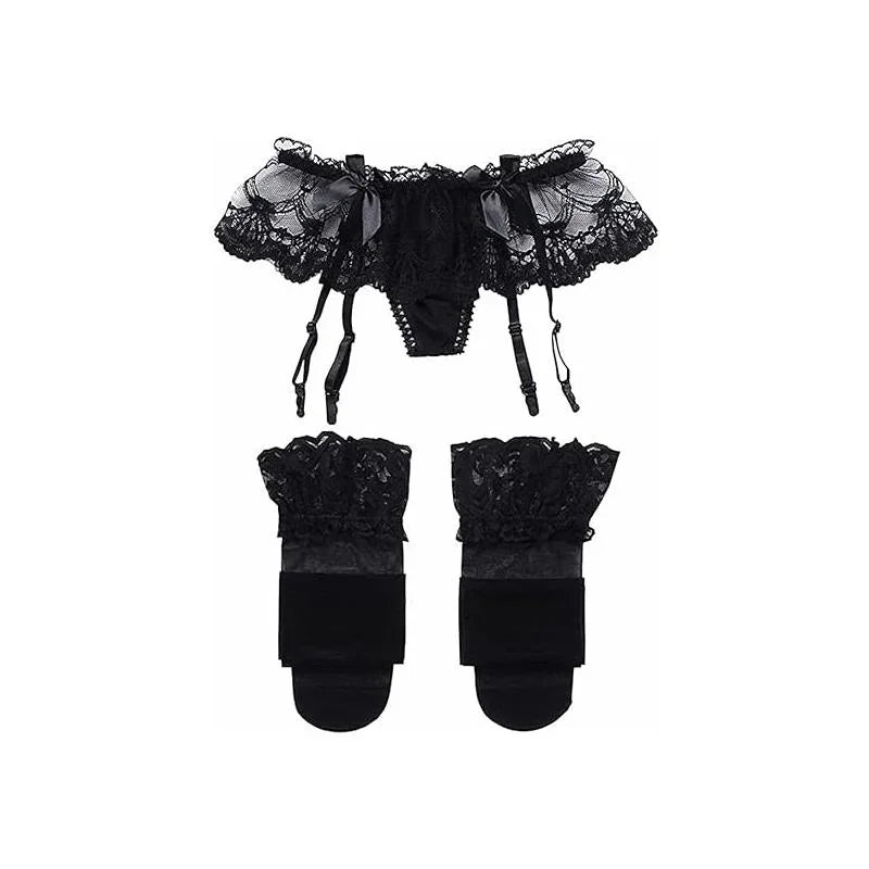 Women Lace Garter Belt and Stockings Set Jacquard Suspenders Panty Satin Bow Mini Skirt Hosiery Mesh Lingerie Pantyhose